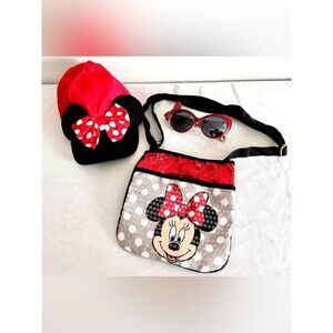 Disney Minnie Mouse 3 Piece Set Hat Sunglasses Sequin Crossbody Purse